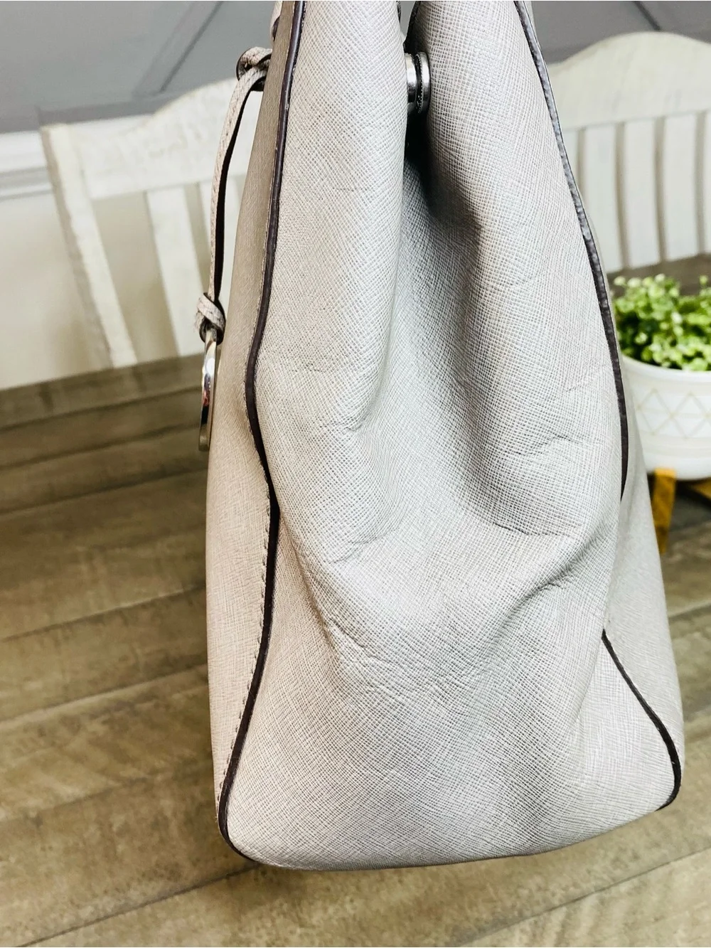 Michael Kors Sutton Medium Saffiano Leather Satchel Bag Gray Silver Hardware